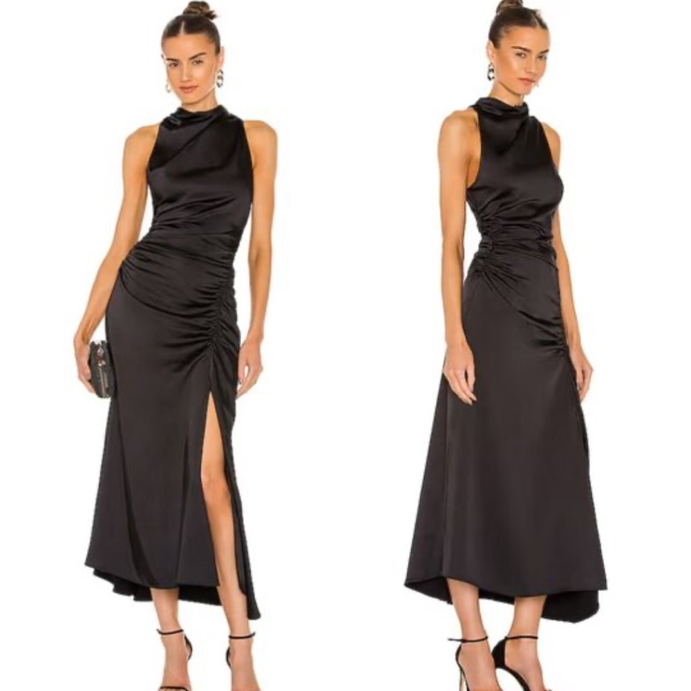 A.L.C. Black Satin High-Neck Ruched Midi Dress with Slit